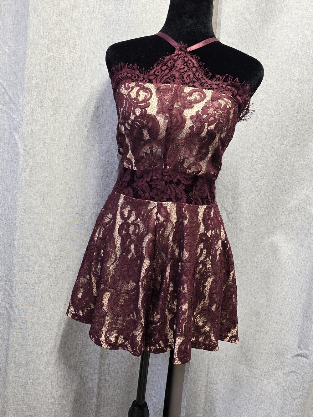 Women's Burgundy Lace Halter Neck Romper Size Medium Coquette Party Size Medium